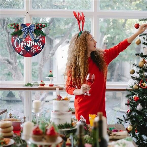 Merry Christmas Wreath for Front Door Buffalo Plaid Christmas Decorations - Picture 3 of 6